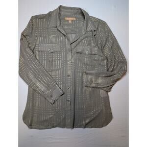 Ellen Tracy Sheer Olive Blouse Gold Metallic Dots Small Roll Tab Sleeves